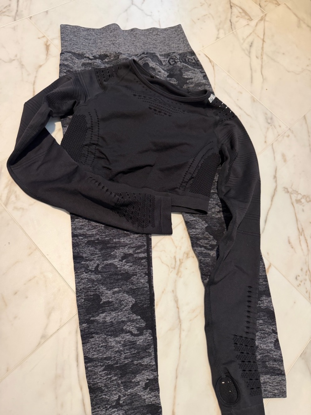Gymshark Black Seamless Long Sleeve Top with Gray Camo Leggings